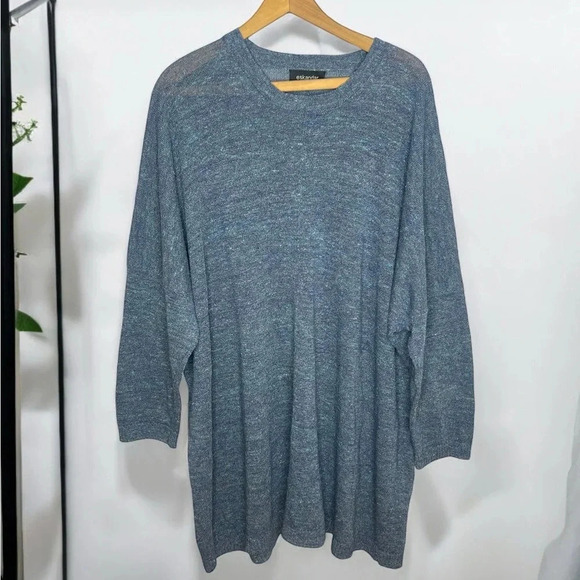 Eskandar One Size Blue Linen Blend Longline Knit Crewneck Tunic Sweater Dress - Picture 3 of 13